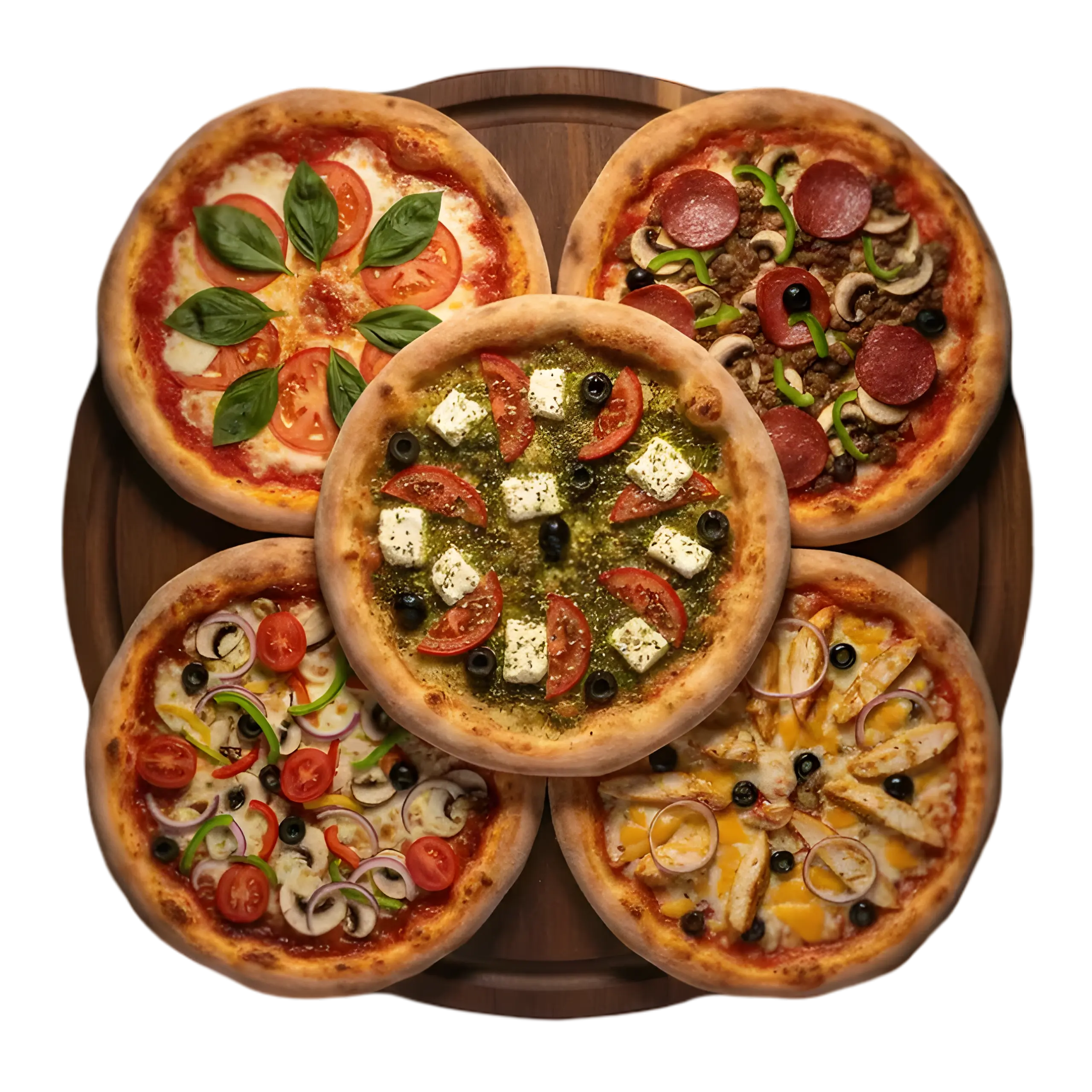 Five Pizzati pies arranged on a wooden peel: Pizzati Mediterranean centerpiece, surrounded by Margherita, Pizzati Deluxe, BBQ Chicken, and Veggie Lover's